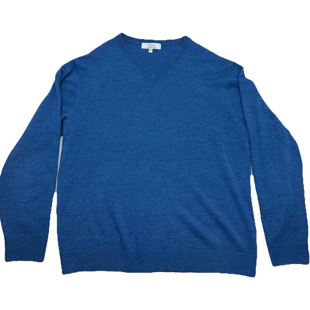 Turnbury Sweater Mens‎ Large Blue 100% Extra Fine Merino Wool Pullover V Neck